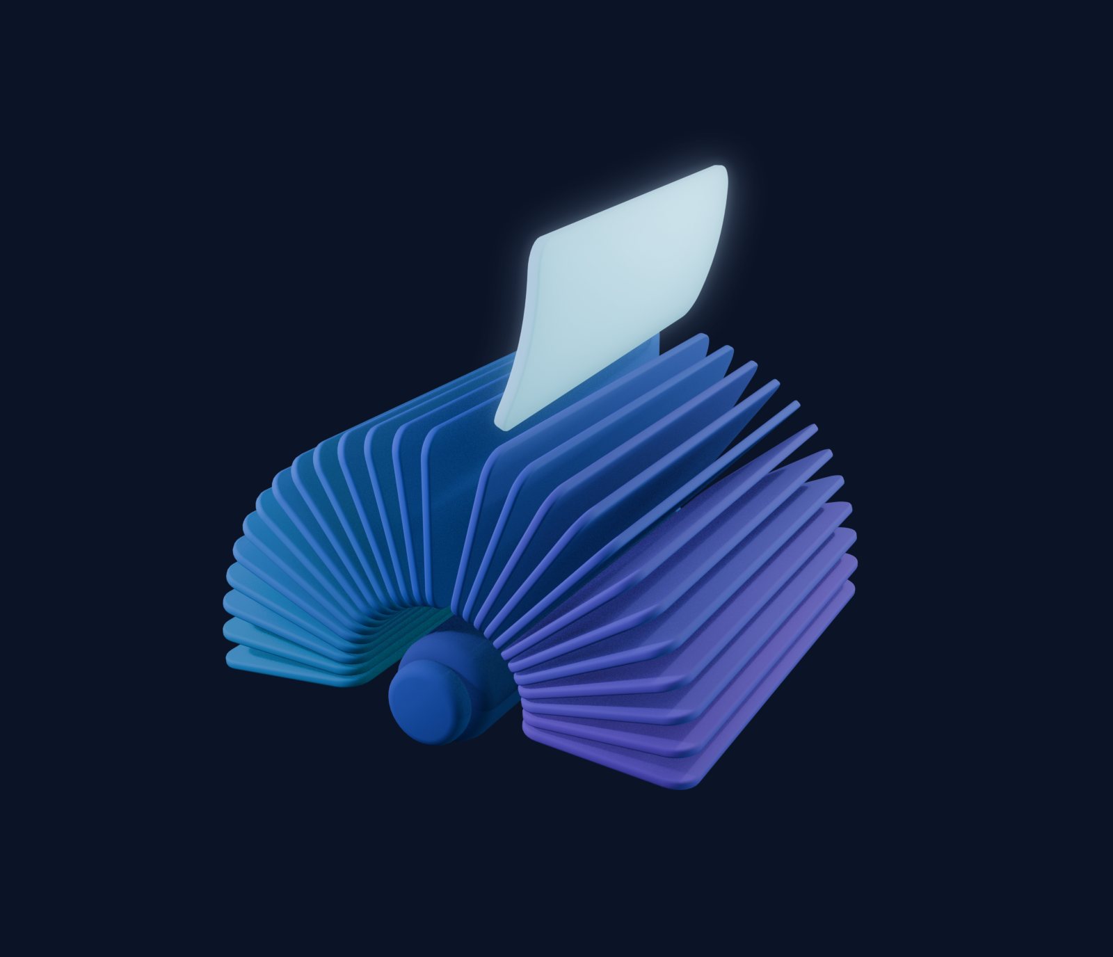 A rotary card file of thin rounded cards fanned open around a dark spindle, cyan at the back to purple at the front, with one glowing card pulled up out of the fan